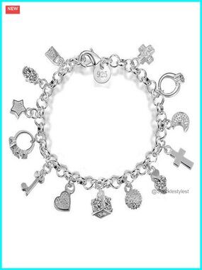 925 Sterling Silver Charm Bracelet Link 13 Charms Adjustable